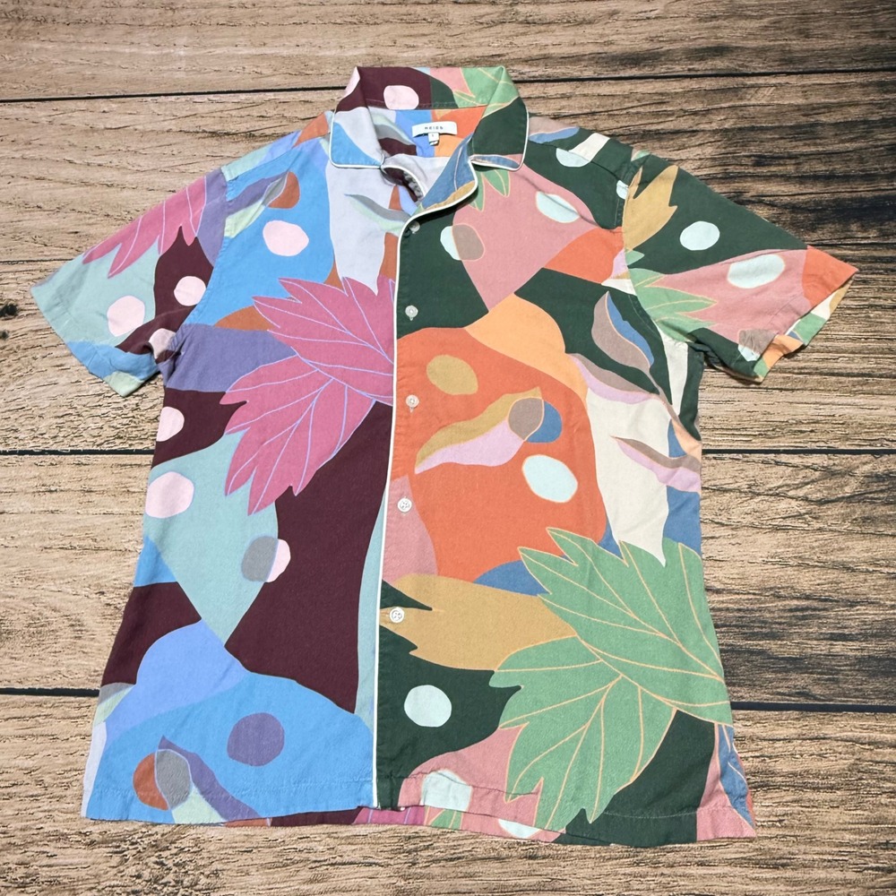 Reiss Button Up Shirt Mens Large Multicolor Abstract Botanical Kadiz Camp Collar